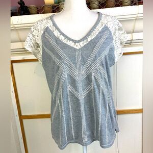 Miss Me Gray embroidered & blinged Lace Sleeve Top